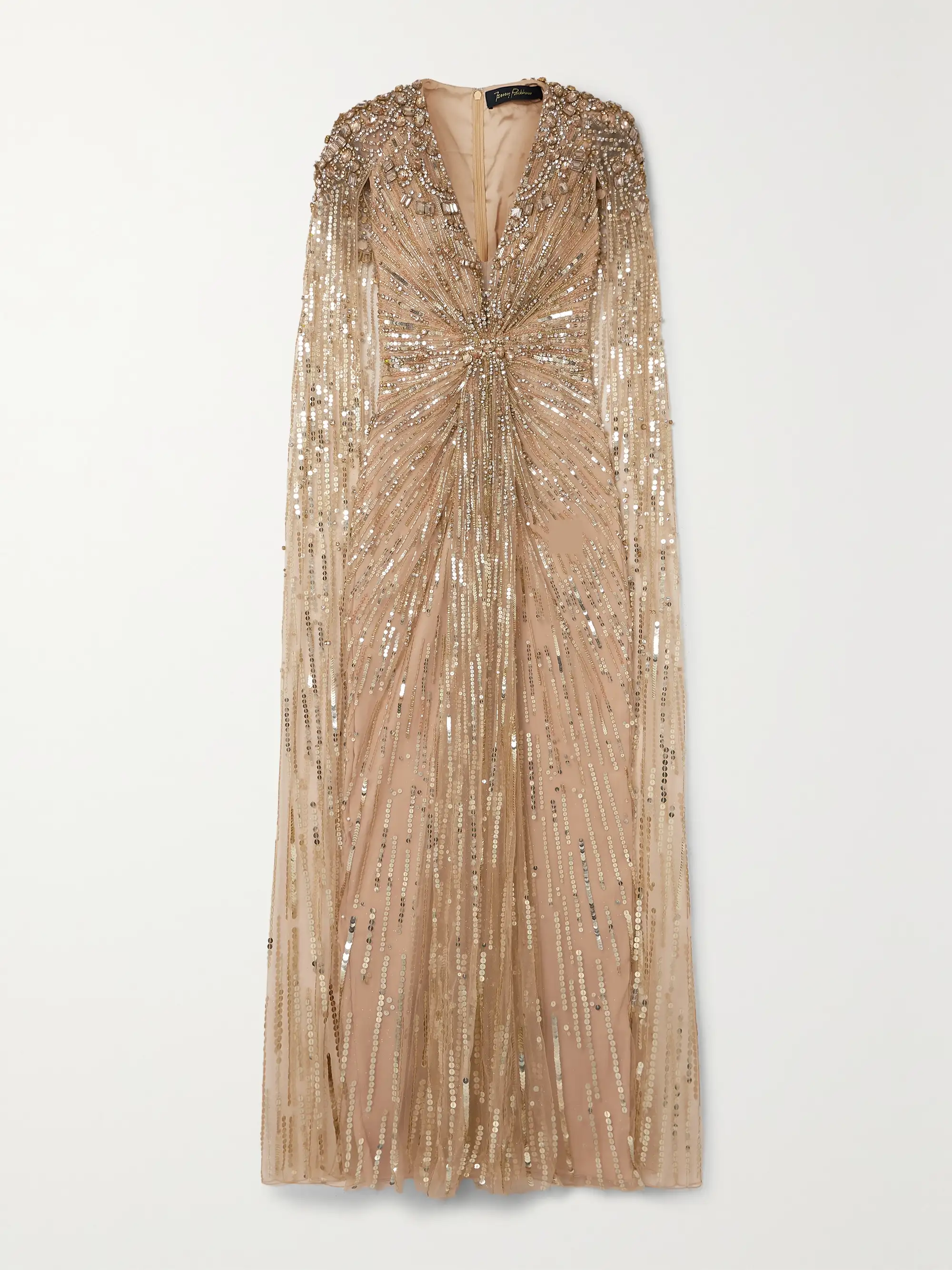 Champagne embellished cape gown with crystal work